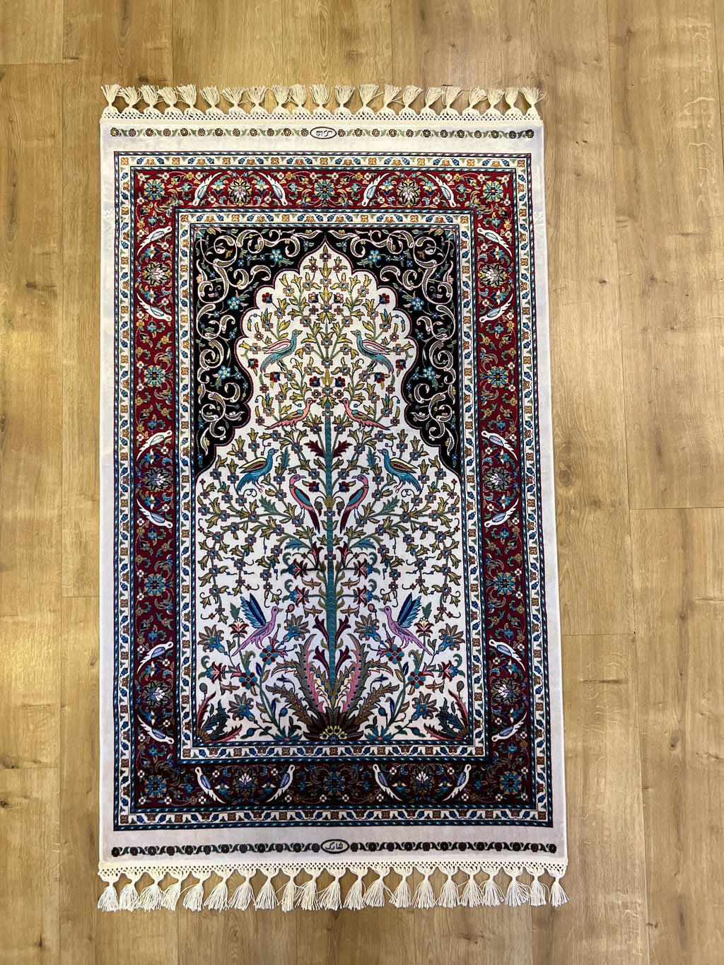 2.62X4.10 ft Ivory Red Silk Prayer Rug, Luxury Muslim Janamaz Mat