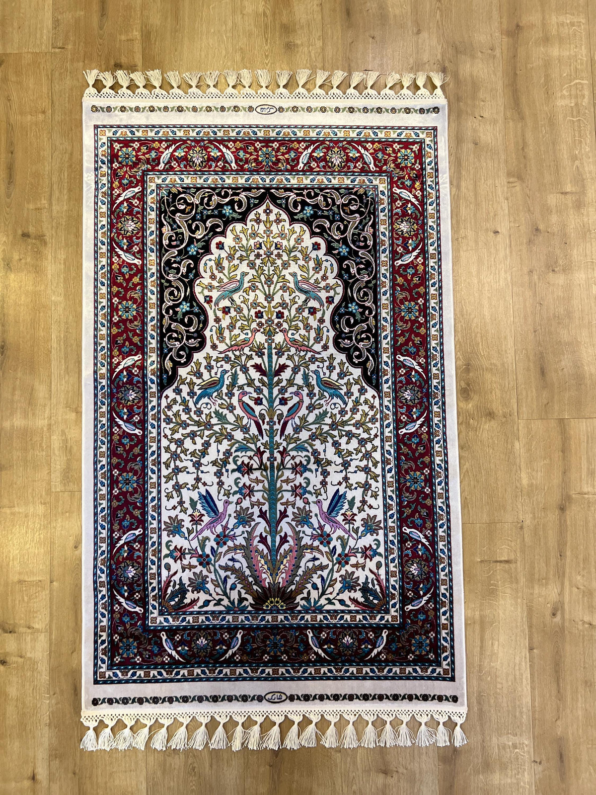 2.62X4.10 ft Ivory Red Silk Prayer Rug, Luxury Muslim Janamaz Mat