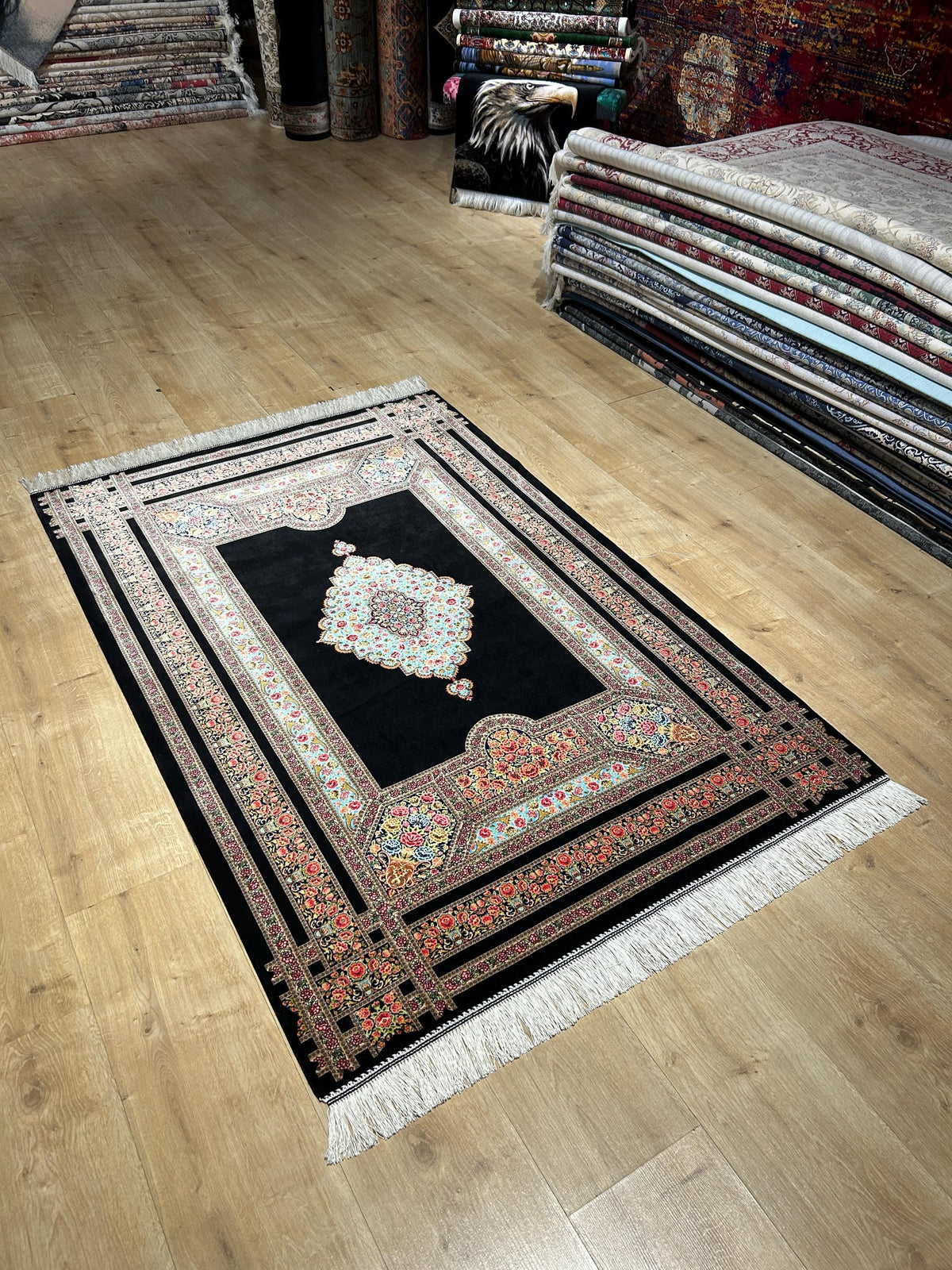 Black Silk Rug, Floral Medallion and Border Design Classic Luxury Silk Carpet