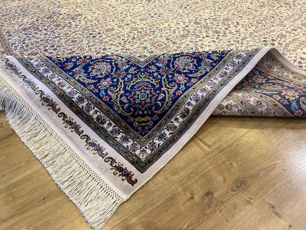 Ivory Blue Floral Silk Rug, Traditional Turkish Carpet, Luxury Home Decor