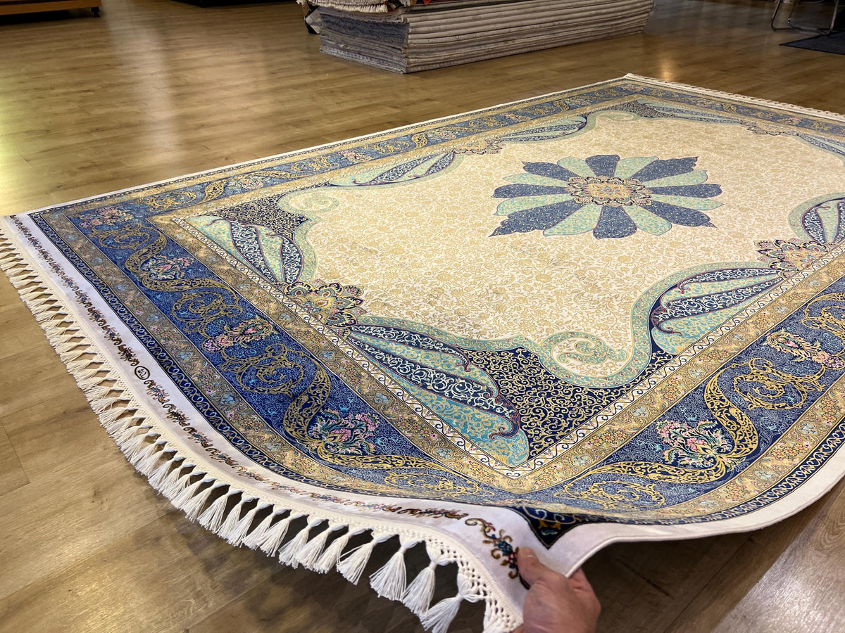 Ivory Silk Rug, Gold Blue Medallion, Classic Traditional Style Carpet