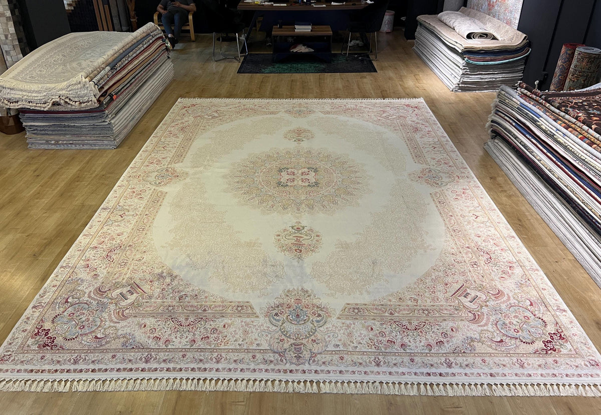 Ivory Bamboo Silk Rug 10x13 ft, Elegant Large Area Rug with Classic Medallion Pattern