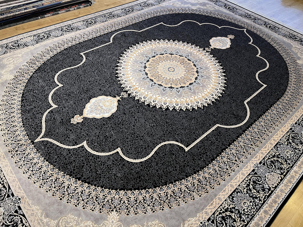 10x13 ft Black Classic Medallion Silk Rug with Gold Motifs, Big Silk Carpet
