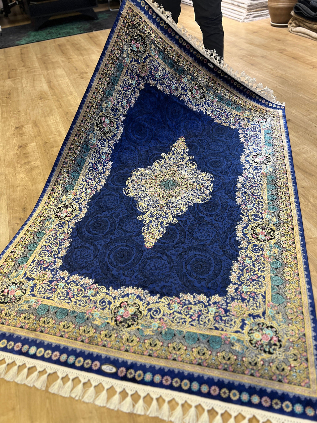 Navy Blue Silk Rug with Gold Floral Patterns, 4x6 ft, Classic Medallion Area Rug