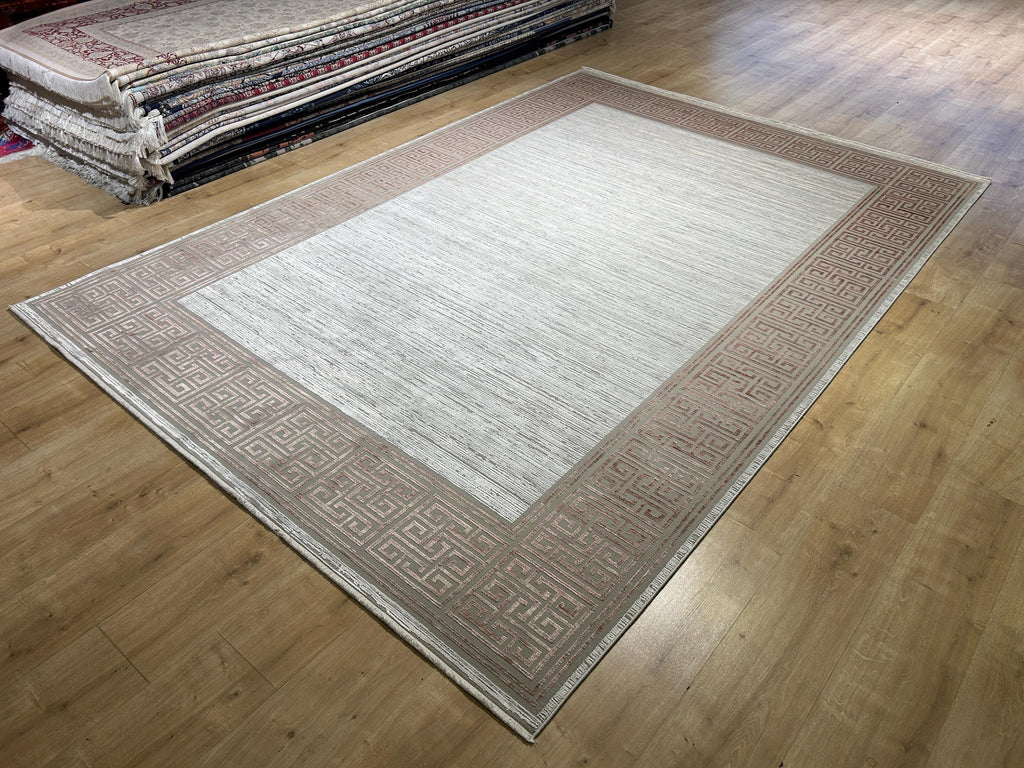 7x10 ft Brick Colour Gray Cream Bamboo Rug, Bordered Minimalist Modern Rug