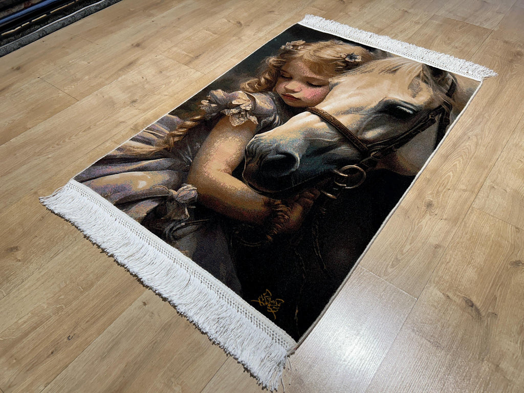 2x3 ft Horse Tapestry, Little Girl and Horse, Silk Rug, Woven Wall Art