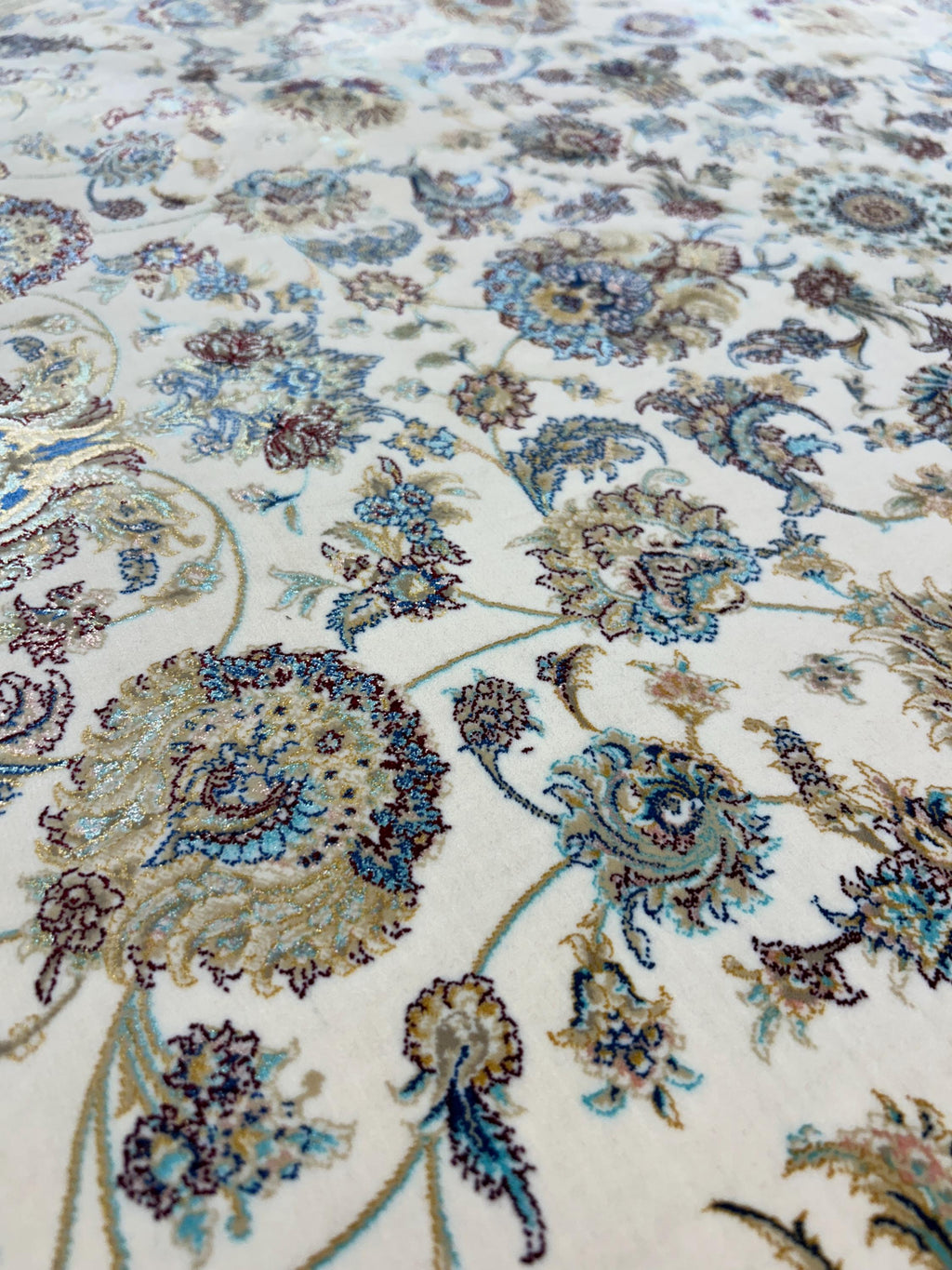 5x5 ft Ivory Round Silk Rug, Red Gold Border Design, Turkish Style Floral Pattern