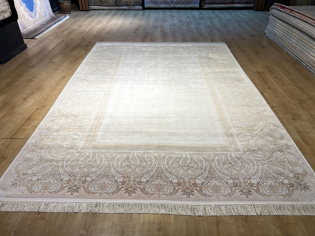 Cream Gold Silk Carpet, 8x11 ft, Luxury Silk Rug, Home Decor