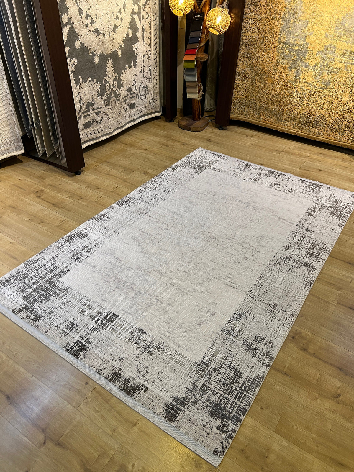 Gray and White Bamboo Rug 5x8 ft, Modern Style
