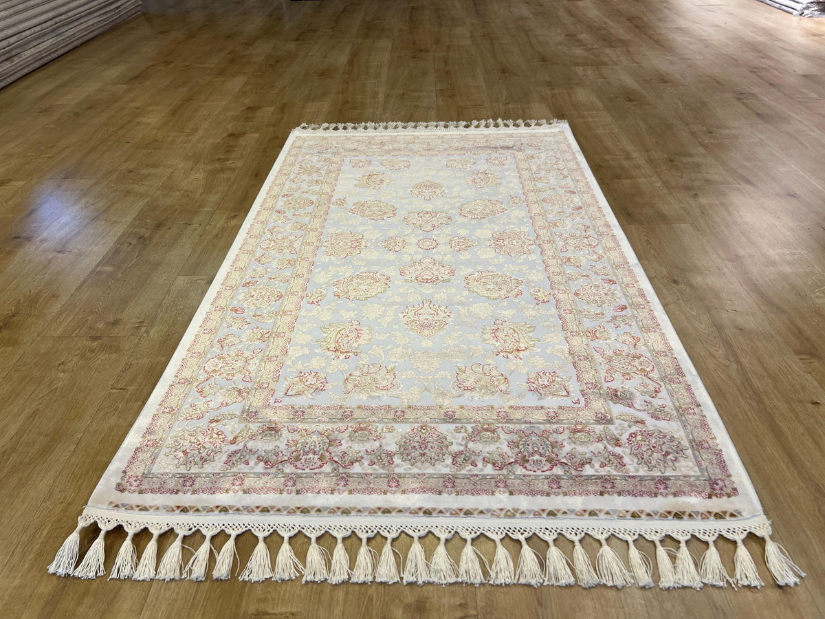 Ivory Silk Bamboo Rug with Gold Pattern and Framed Border, 3x5 ft, Classic Rug