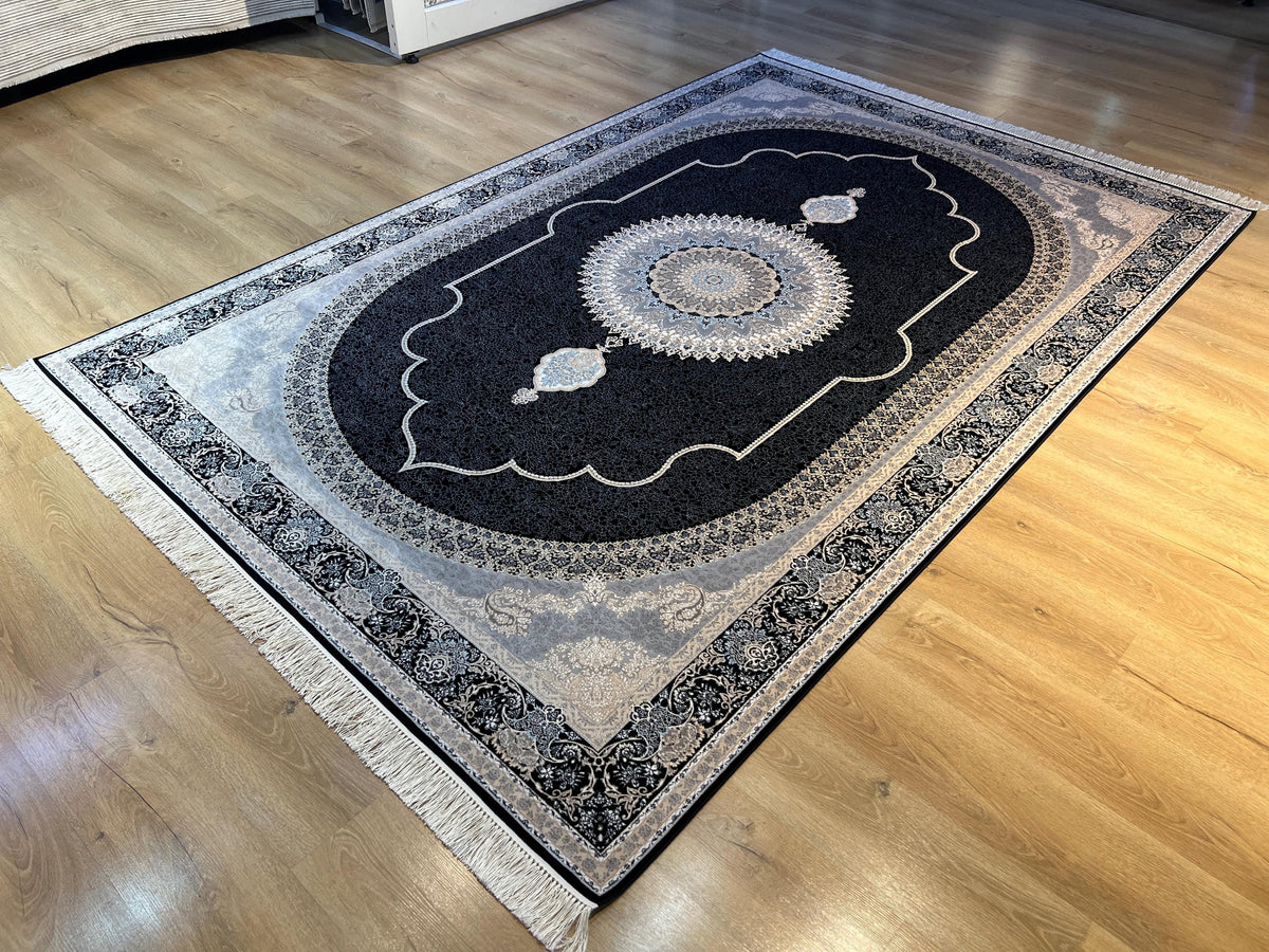 7x10 ft Black Silk Bamboo Rug with Medallion, Luxury Classic Design