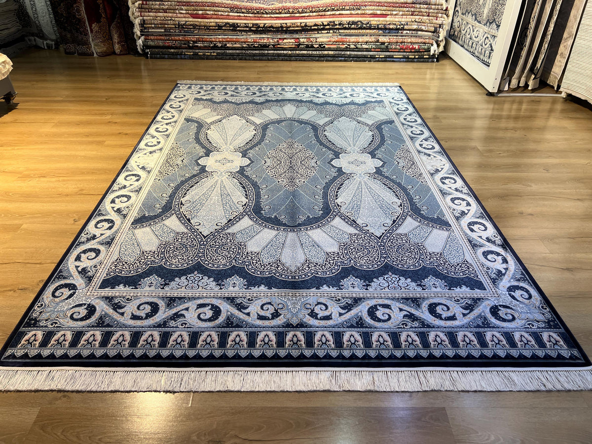 7x10 ft Navy Blue Silk Rug, Classic Ornamental Pattern, Turkish Silk Rug