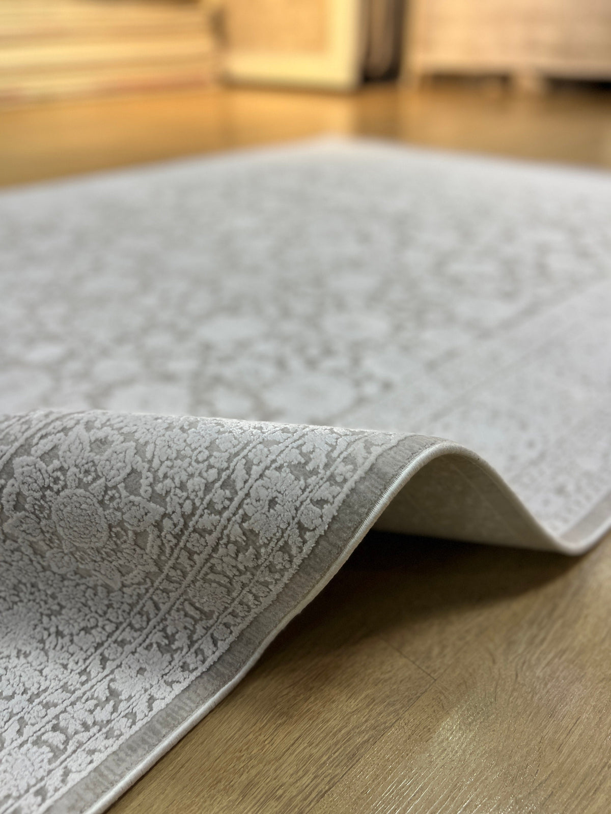 White Floral Bamboo Rug 5x8 ft, Turkish Carpet