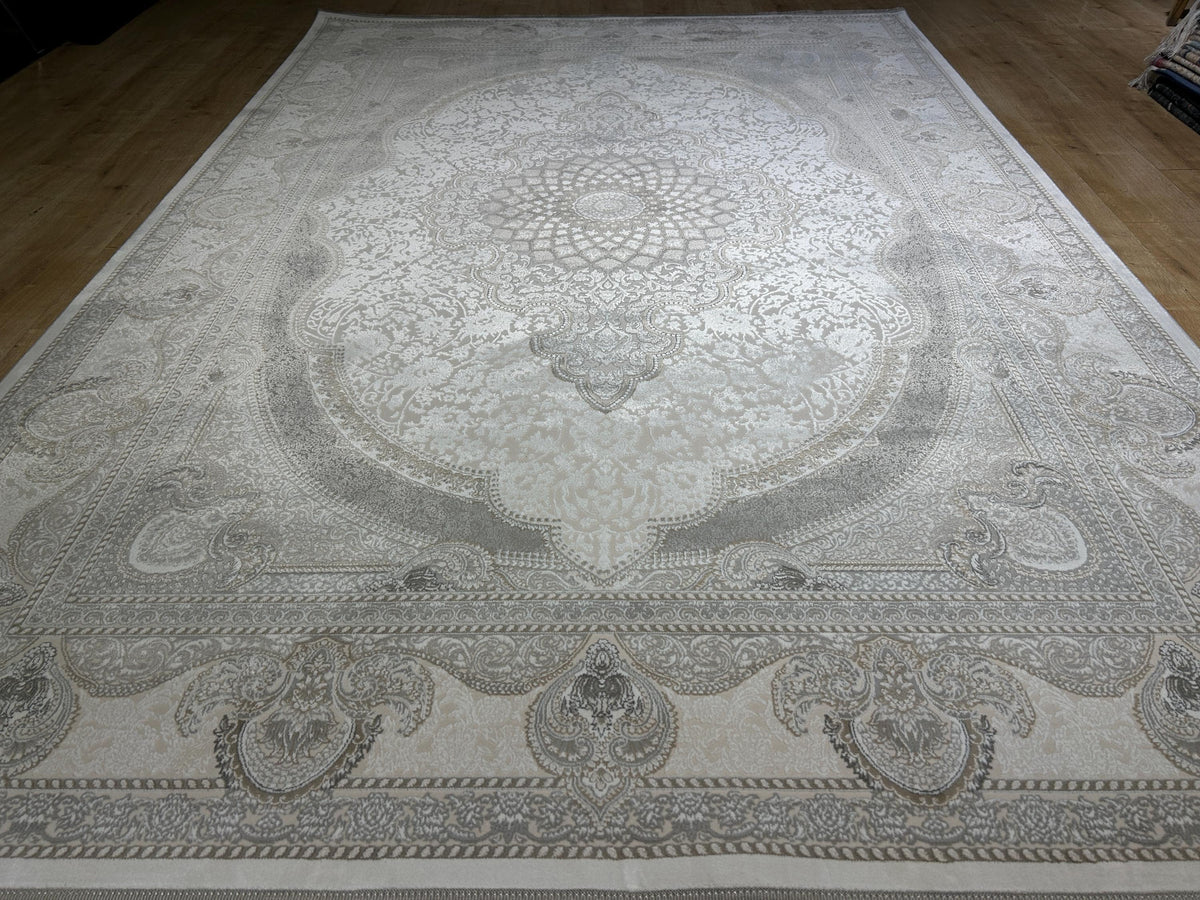 Gray Ivory Bamboo Rug, Classic Medallion Design Bamboo Carpet, Turkish Style Home Decor