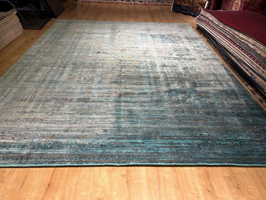10x13 ft Turquoise Bamboo Rug, Distressed Pattern, Modern Rug