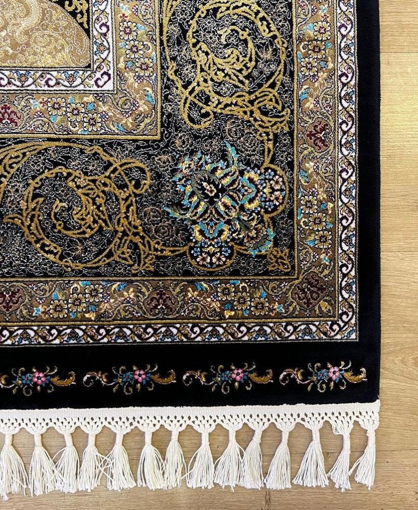 Black Gold Modal Silk Rug, Classic Turkish Style, Medallion Pattern