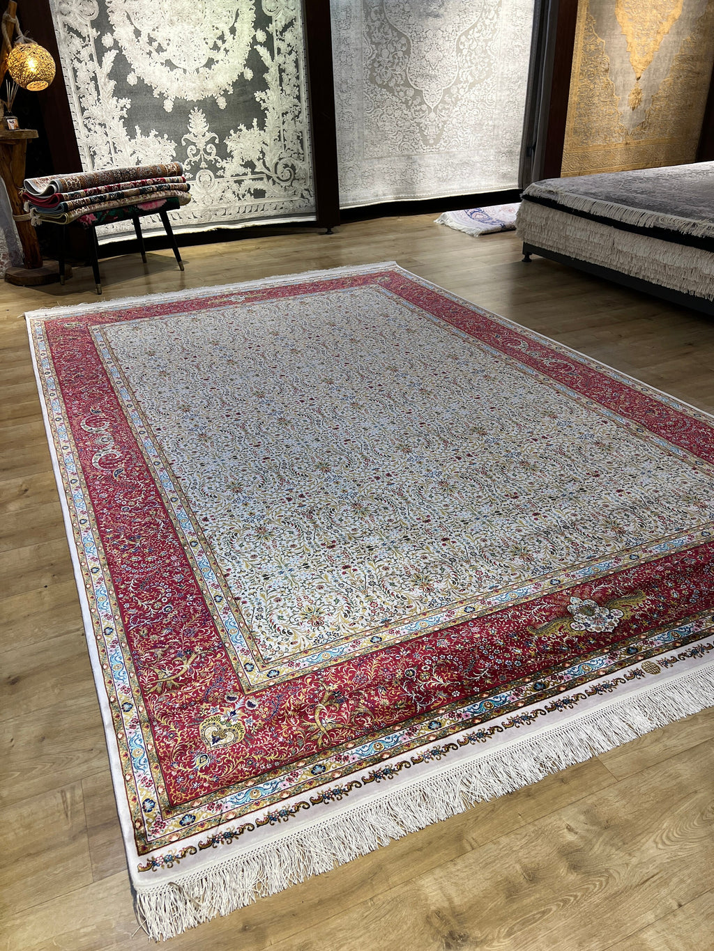 Beige Red Modal Silk Rug 7x10 ft, Turkish Style Carpet