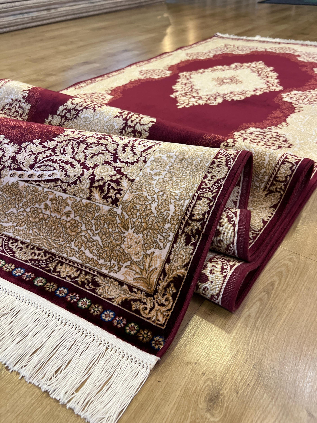 Red Gold Medallion Silk Rug, Turkish Carpet, 3x10 ft