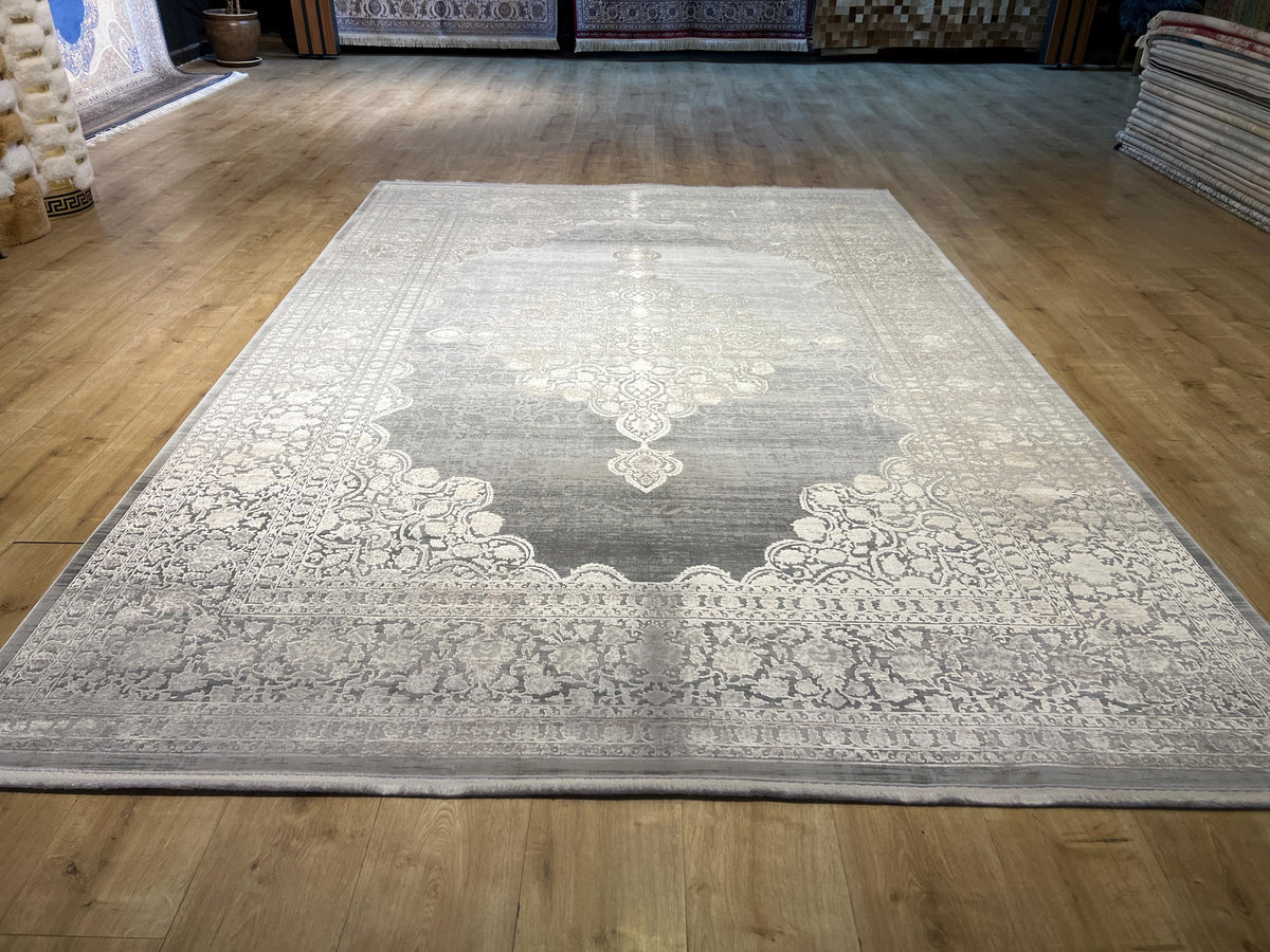 7x10 ft Gray Bamboo Rug with Beige Medallion and Border, Classic Natural Style