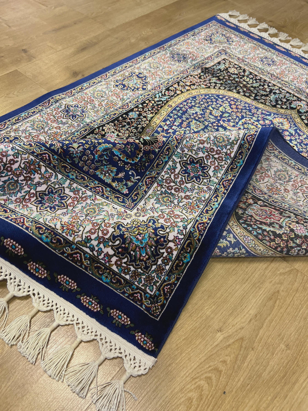 Navy Blue Silk Muslim Prayer Rug, Janamaz Mat, Prayer Gift