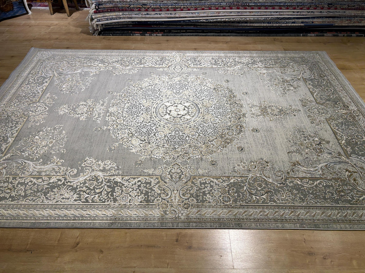 7x10 Gray Bamboo Rug, Vintage Medallion Design Carpet