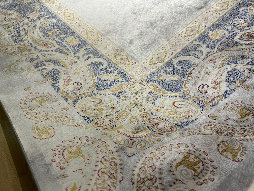 8x10 ft Gray Silk Rug,  Gray  Gold Border Design Turkish Carpet, Luxury Home Decor