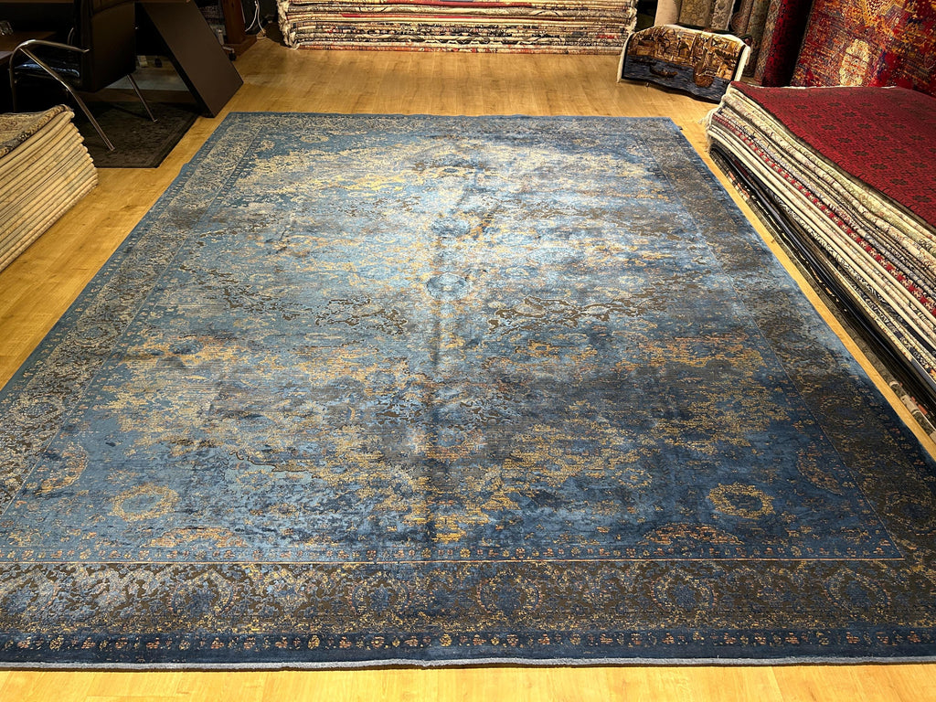 10x13 ft Blue Gold Gray Bamboo Rug, Distressed Pattern, Modern Rug
