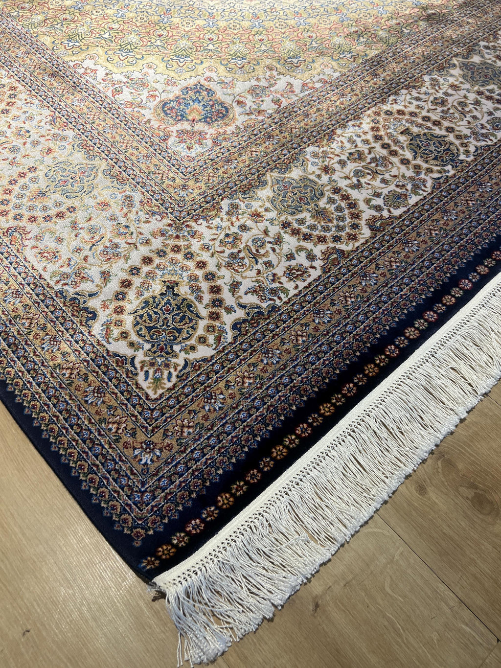 8x11 ft Dark Blue Silk Rug with Gold Medallion, Classic Turkish Style Luxury Carpet