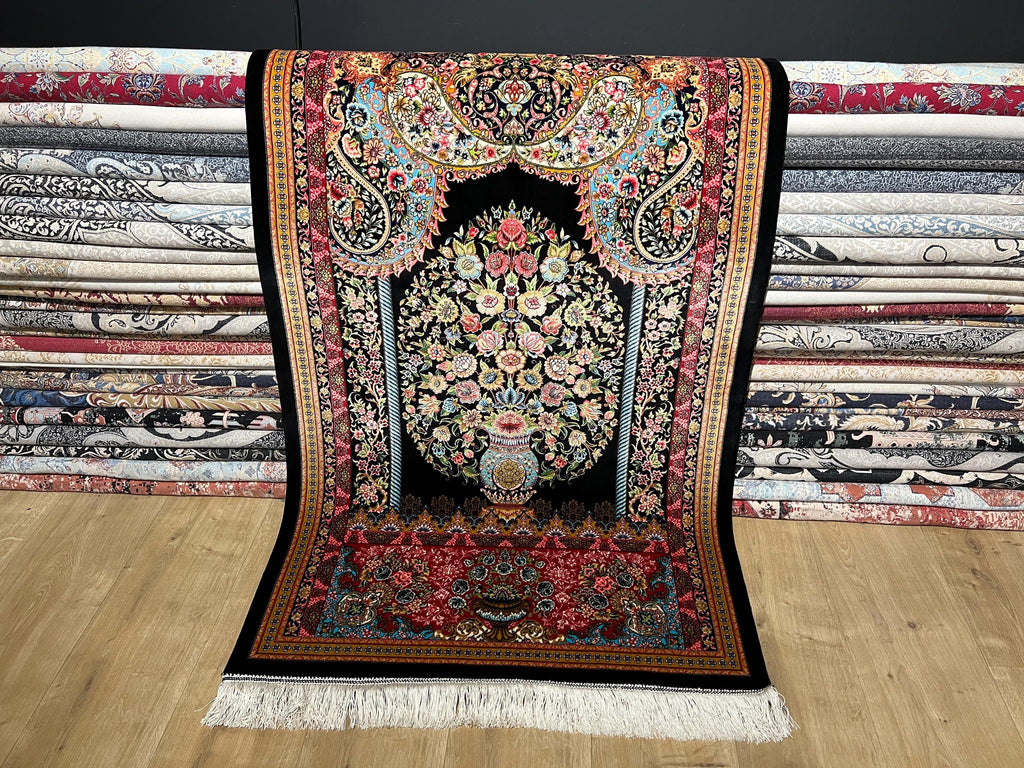 Black Small Silk Rug, Vase Pattern Wall Decor Mat, Floral Tapestry