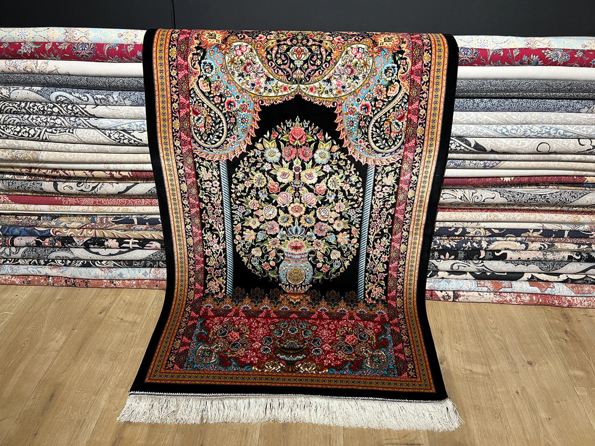Black Small Silk Rug, Vase Pattern Wall Decor Mat, Floral Tapestry