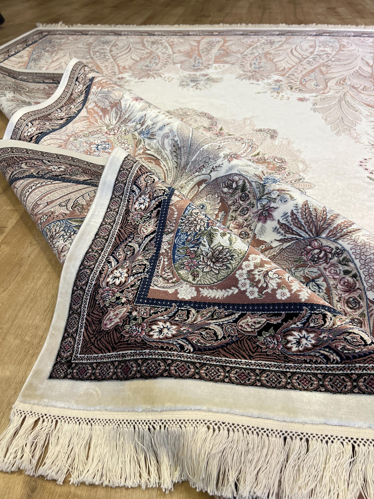7x10 ft Luxury Cream Silk Rug, Brown Medallion Classic Design, Oversize Rug