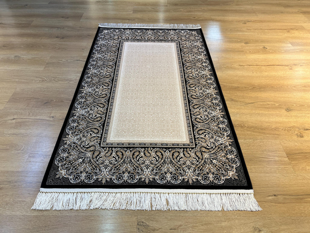 Cream Silk Rug with Black Border, 3x5 ft, Classic Luxury Small Rug