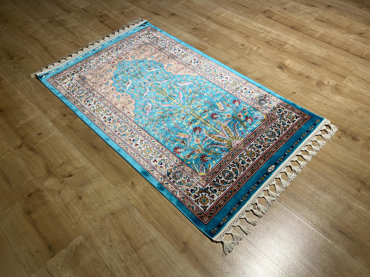 2.62x4.10 ft Blue Silk Prayer Rug, Floral and Bird Design Mat, Muslim Janamaz Mat