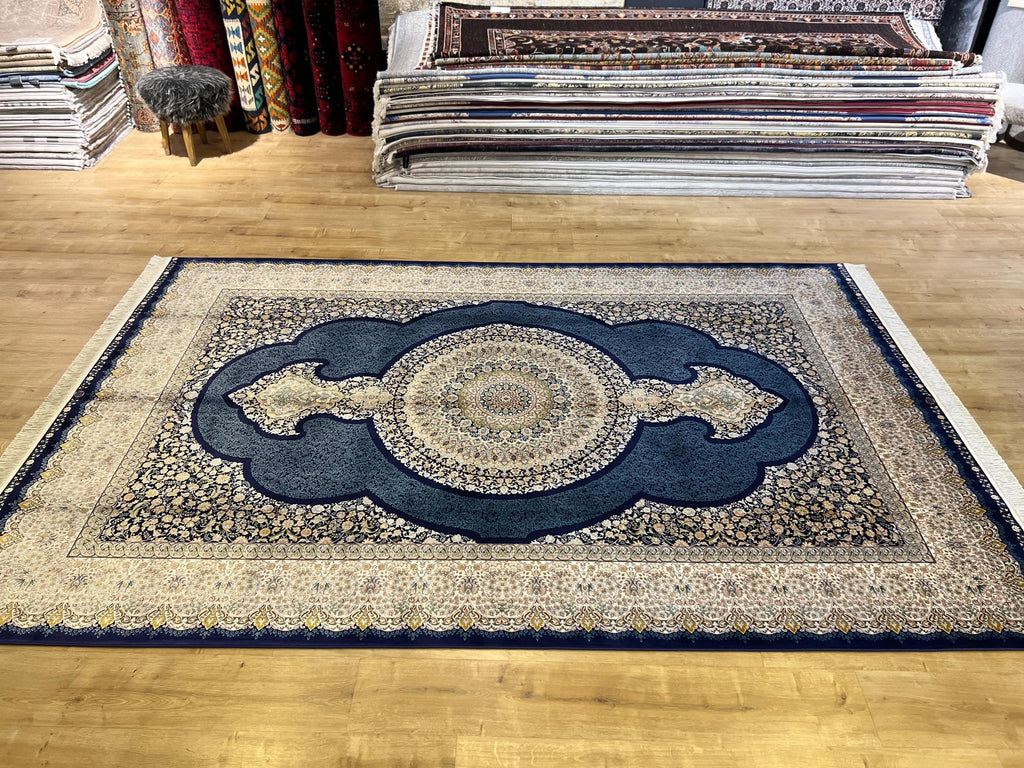 Navy Blue Modal Silk Turkish Carpet, 7x10 ft, Medallion Pattern Rug