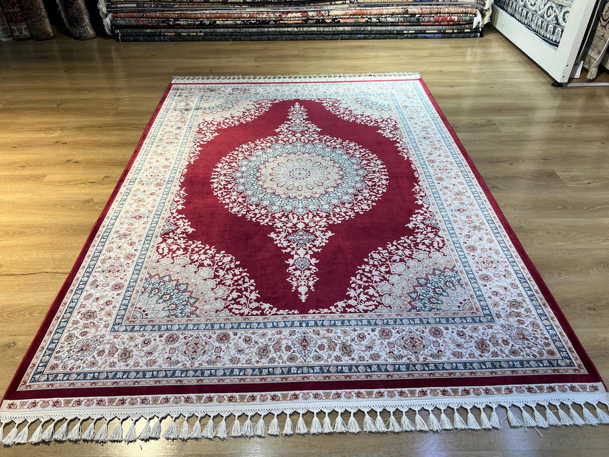 5x8 ft Red Silk Rug, Blue Gold Medallion, Classic Turkish Carpet, Luxury Rug