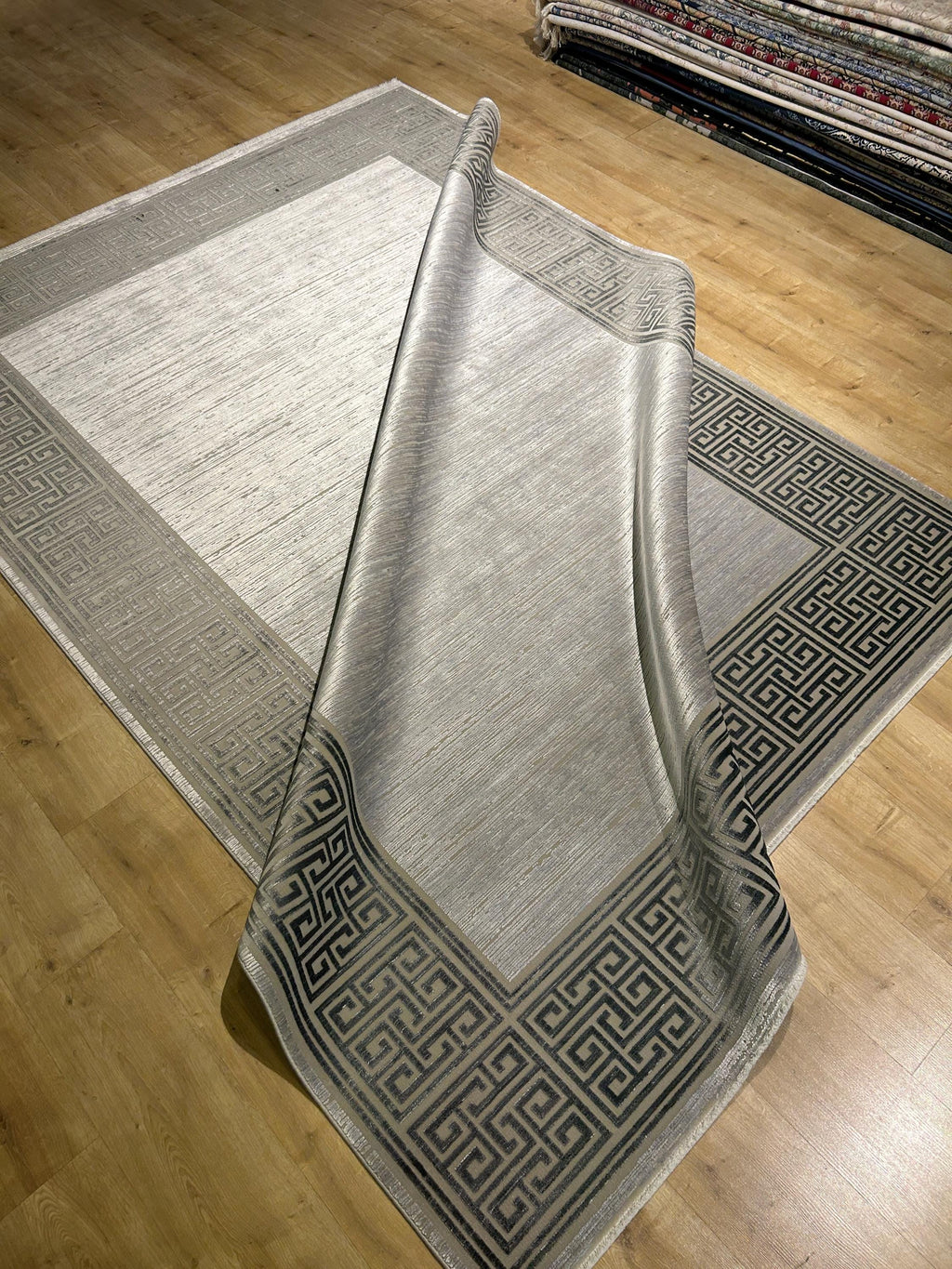 7x10 ft Gray Bamboo Rug, Bordered Minimalist Modern Rug