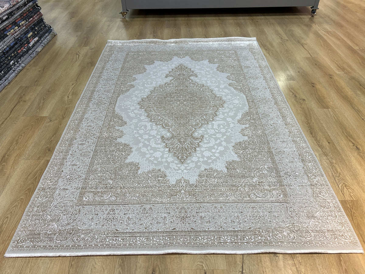 Gold Gray Bamboo Rug, 5x8 ft, Medallion Design Turkish Carpet