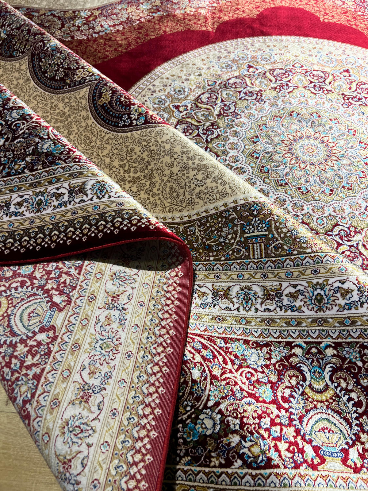 7x10 ft Large Modal Silk Rug, Red Gold Center Medallion, Luxury Living Room Decor
