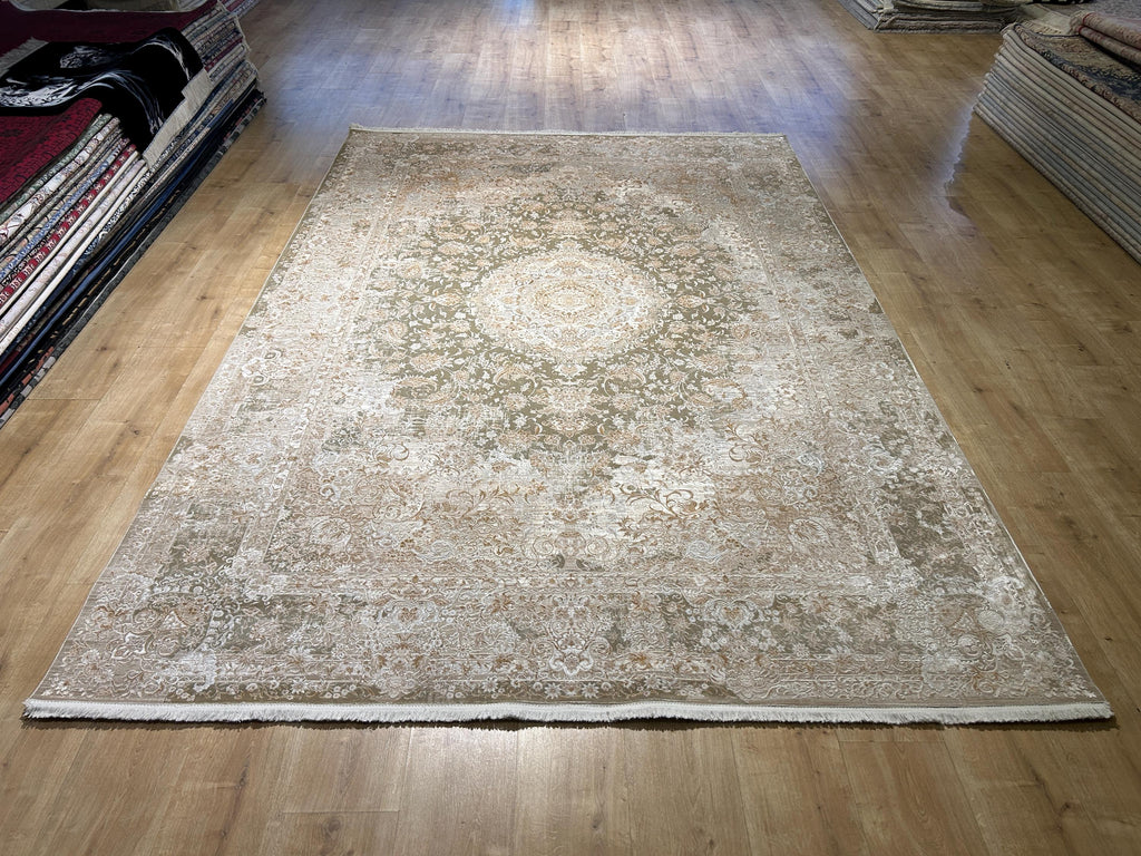 Light Brown Beige Silk Rug, Medallion Design Classic Silk Carpet