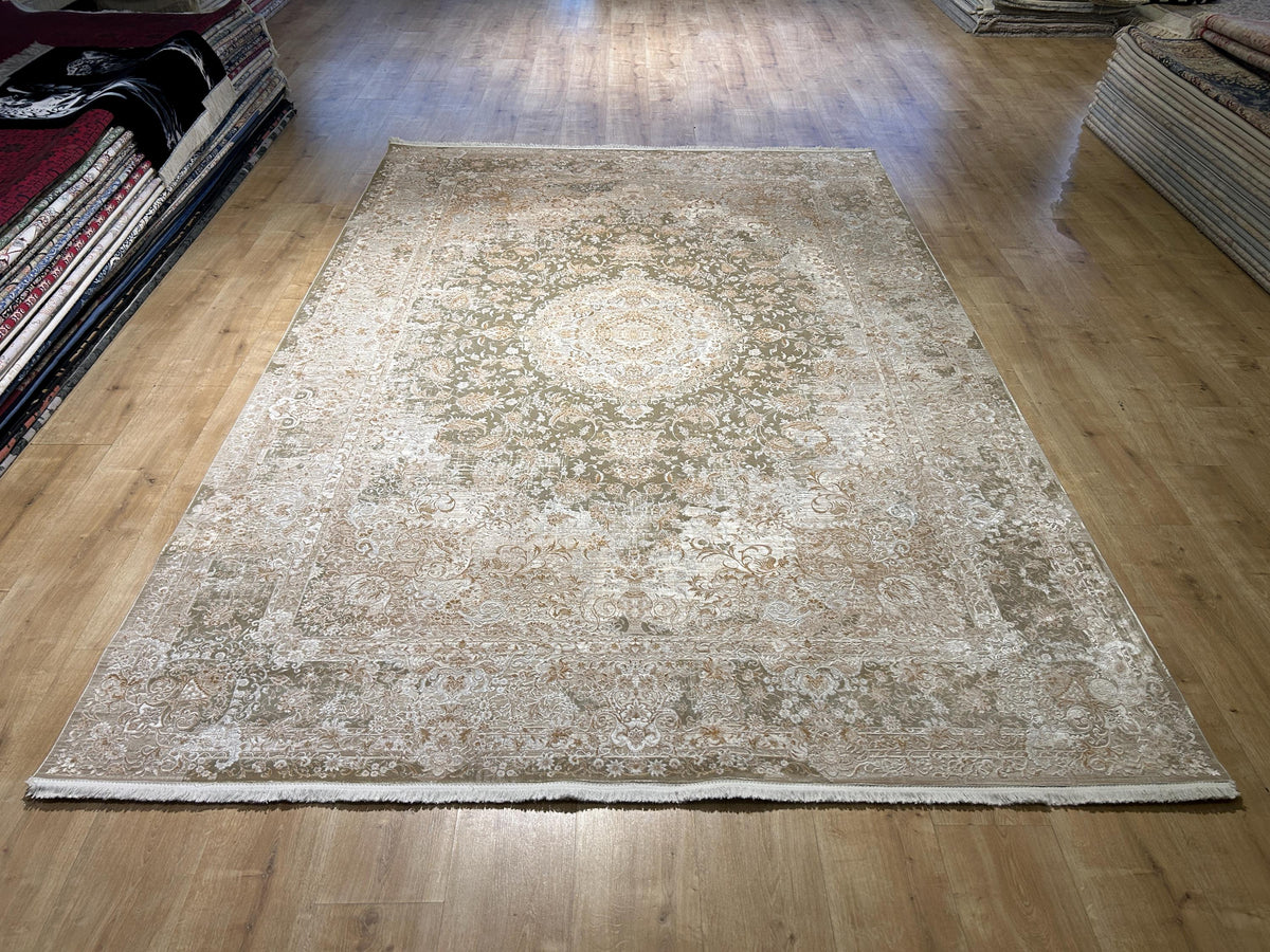 Light Brown Beige Silk Rug, Medallion Design Classic Silk Carpet