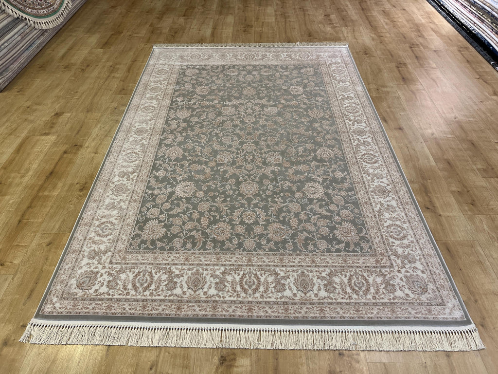 5x8 Ft Gray Bamboo Rug with Cream Border and Beige Pattern