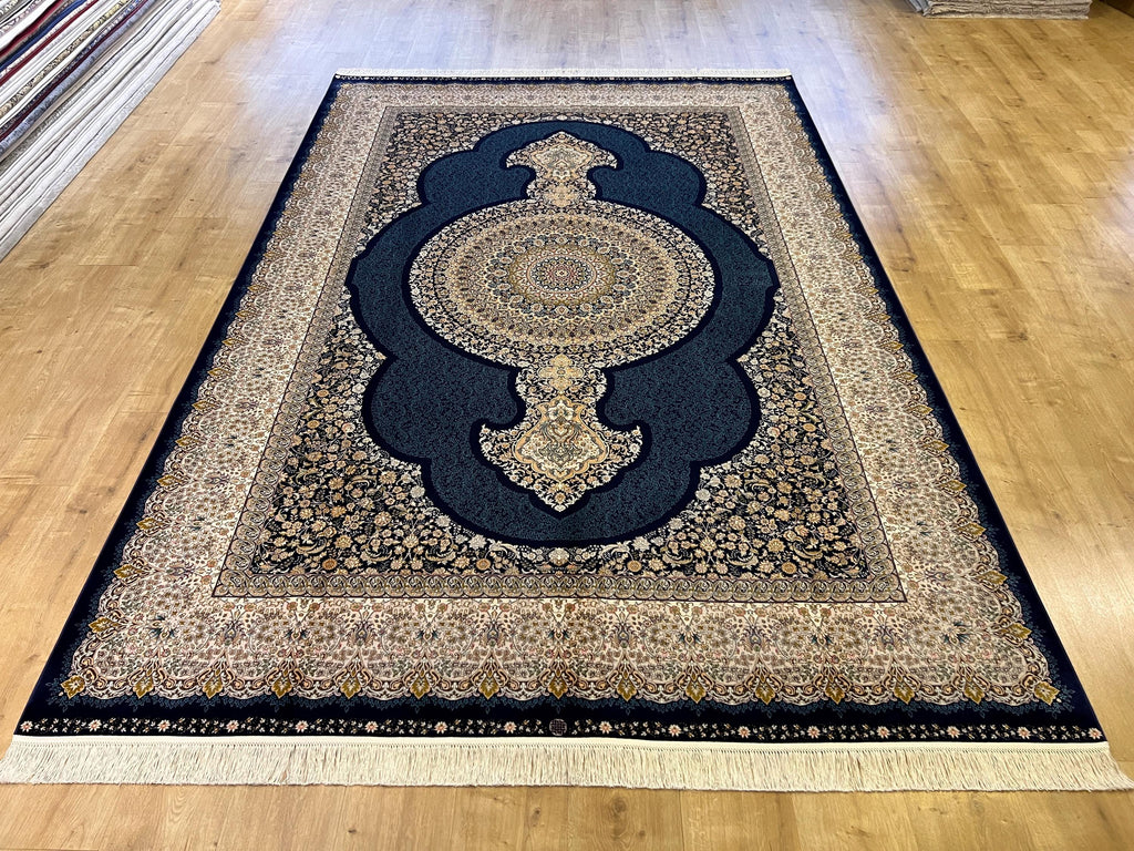 Navy Blue Modal Silk Turkish Carpet, 7x10 ft, Medallion Pattern Rug