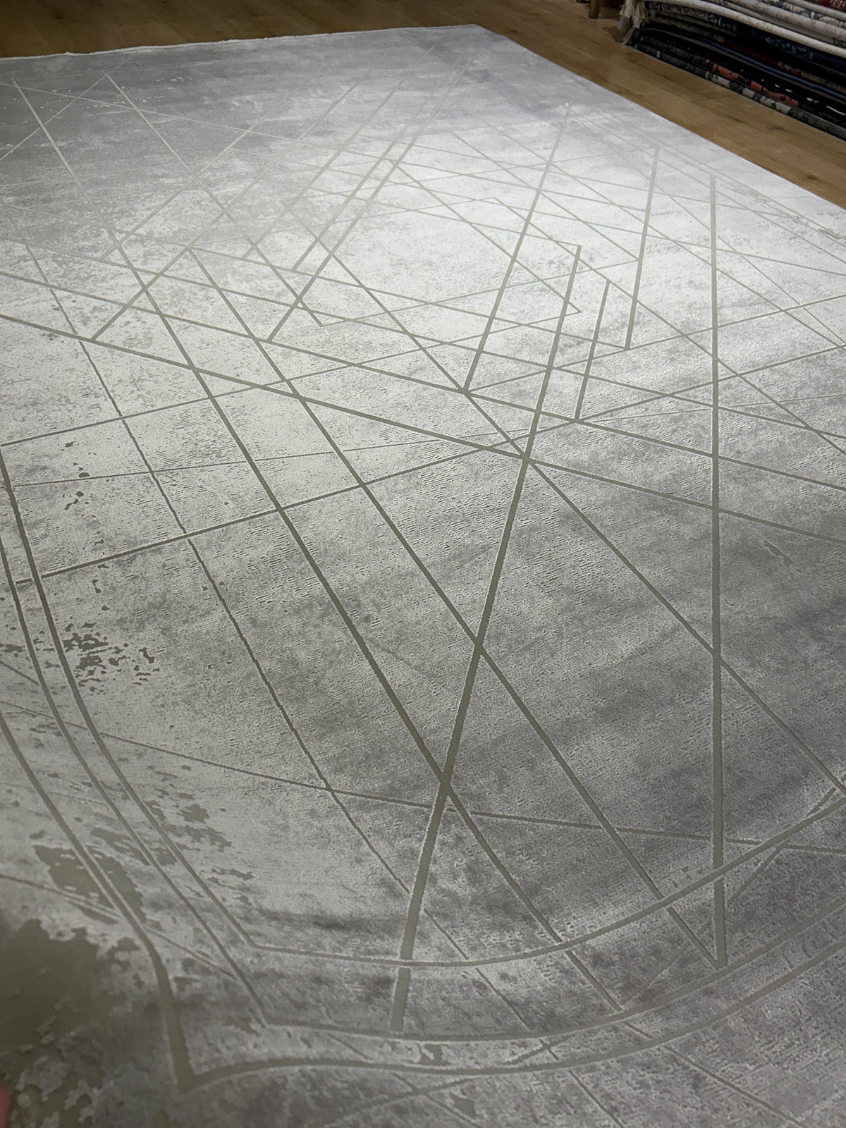 7x10 ft Gray Beige Bamboo Rug, Geometric Striped Pattern, Abstract Modern Area Rug
