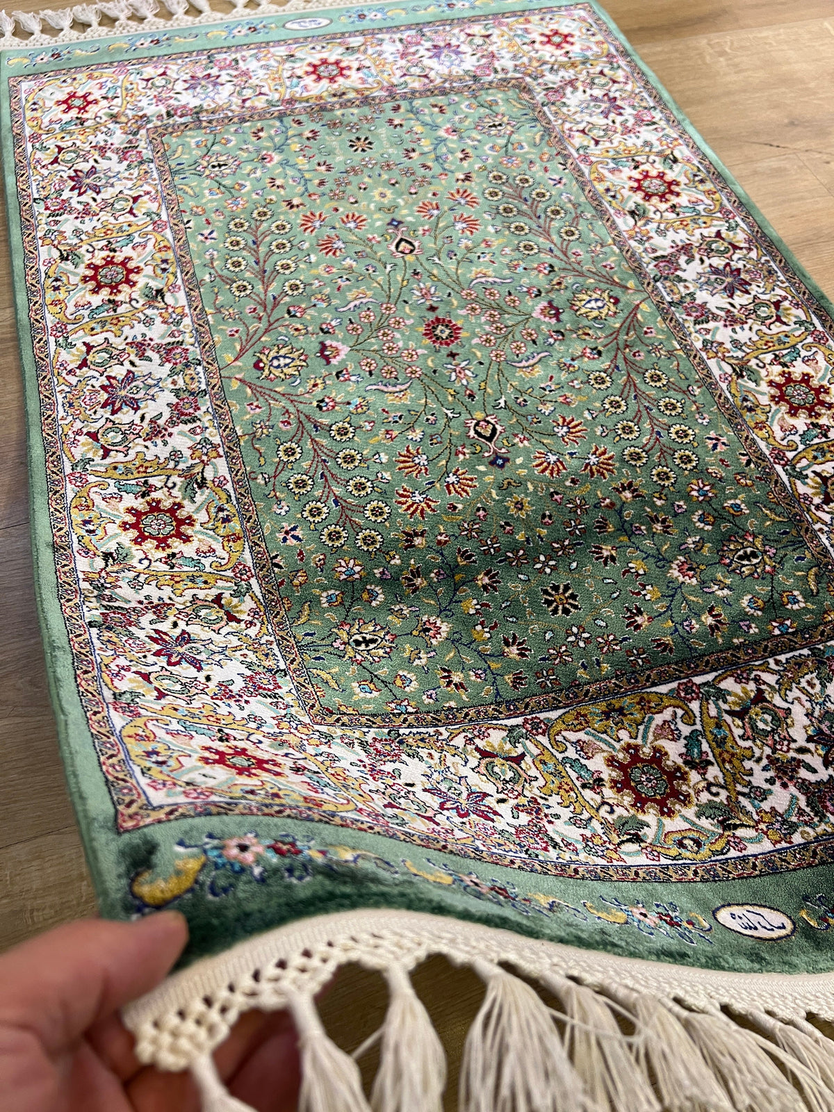 Green Beige Floral Silk Rug, Turkish Carpet, Luxury Home Decor