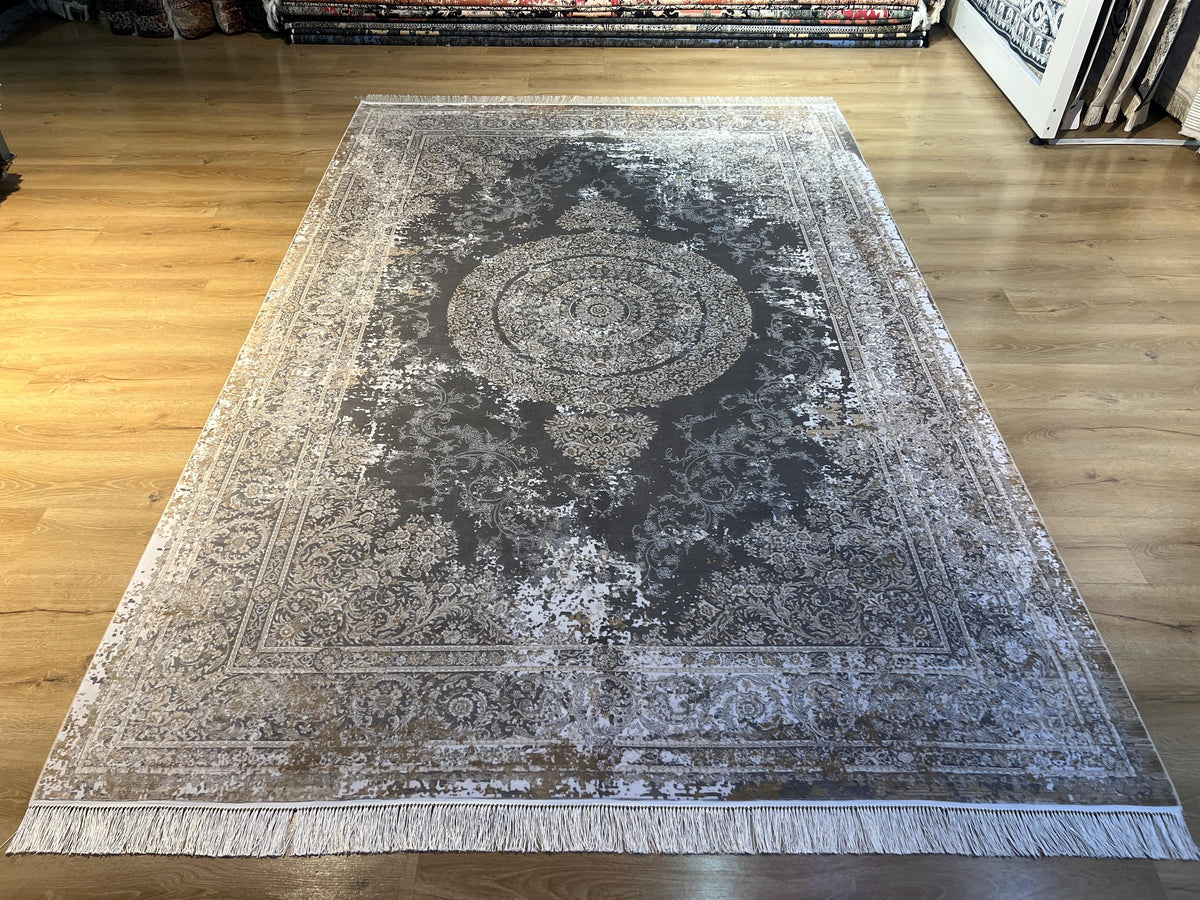 Gray Brown Silk Rug with Medallion and Border, Antique Distressed Style