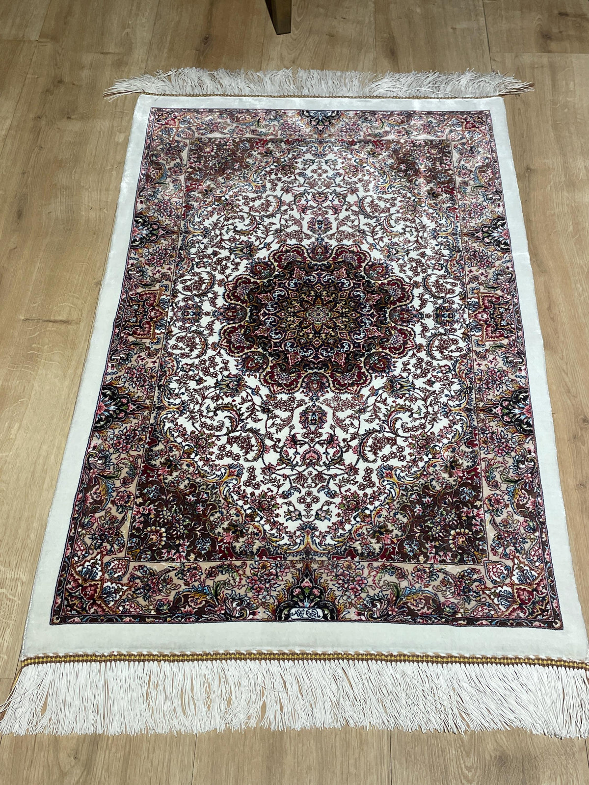 Cream Small Silk Rug, Ornate Medallion Silk Carpet, Luxury Home Decor