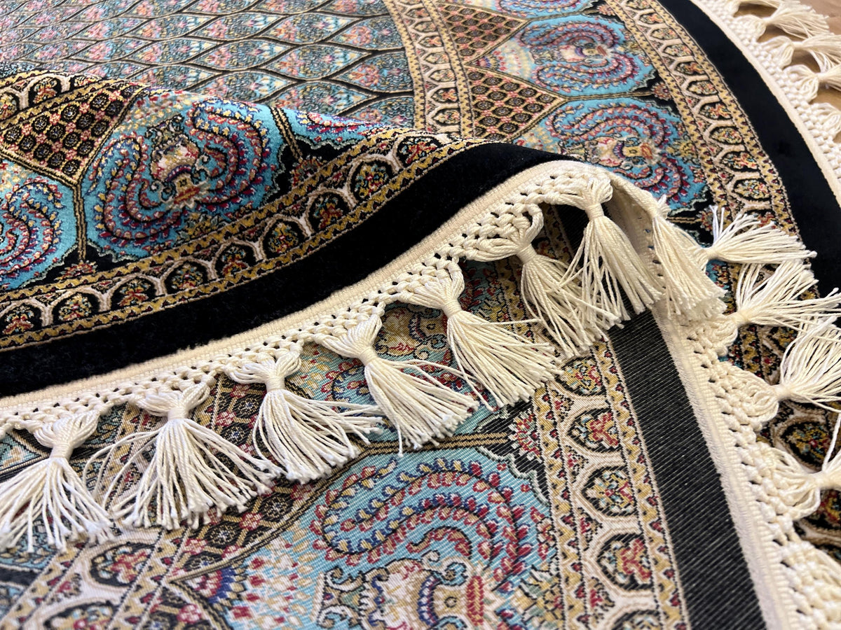 Blue Round Silk Rug, Classic Turkish Style Carpet, Medallion Design