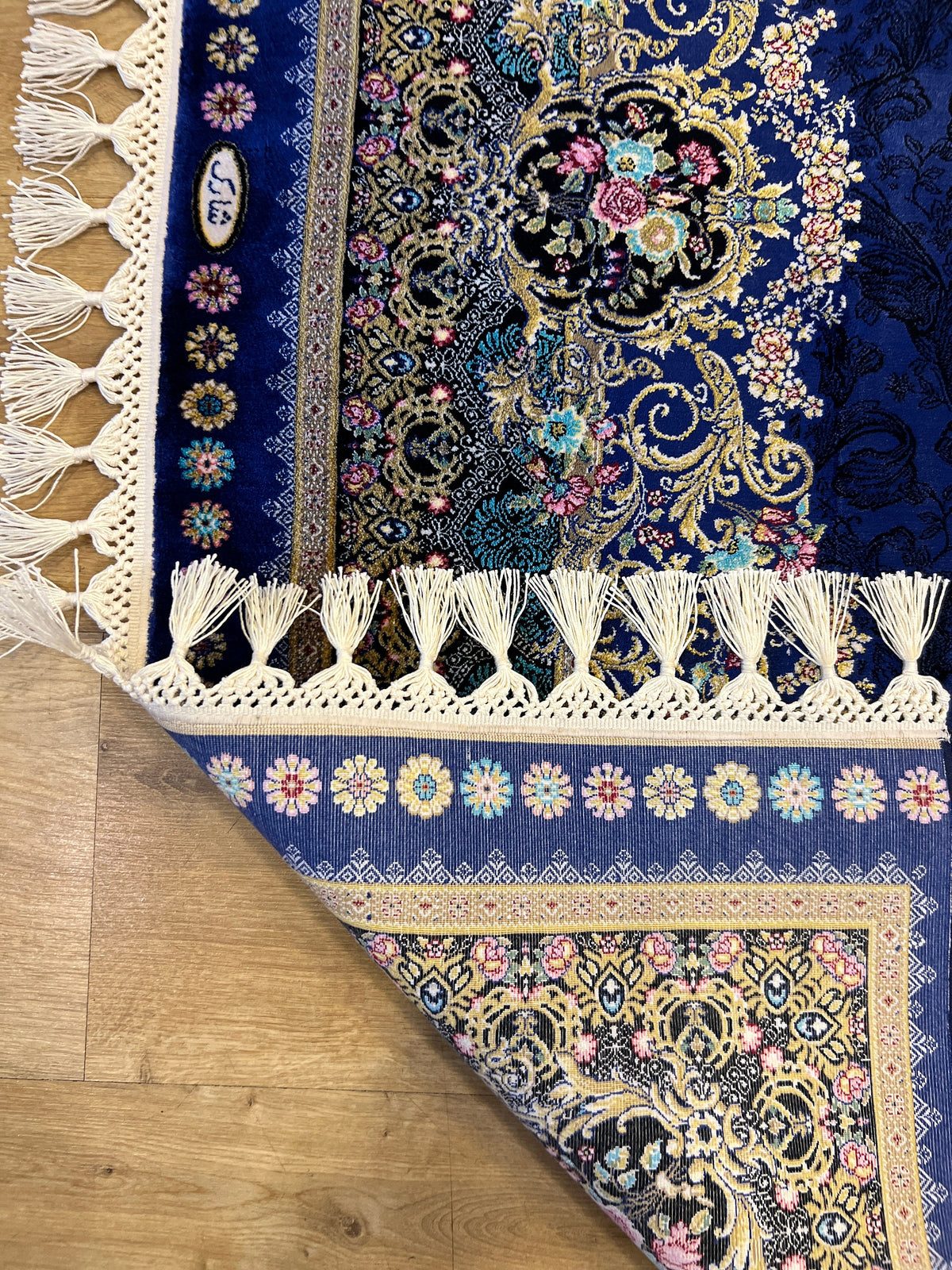 Navy Blue Silk Rug with Gold Floral Patterns, 4x6 ft, Classic Medallion Area Rug