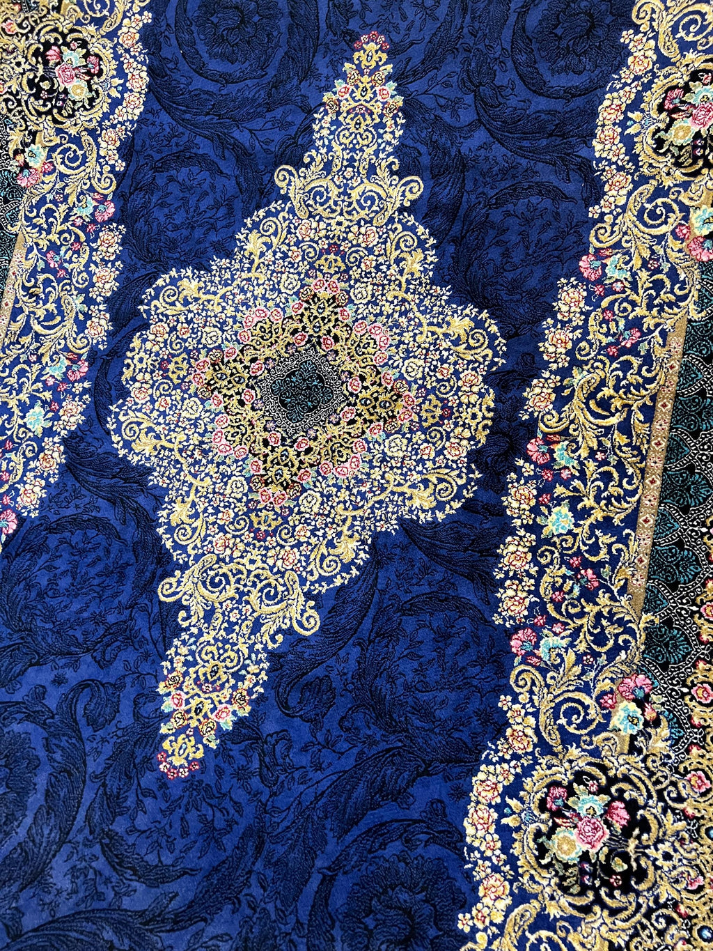 Navy Blue Medallion Silk Runner Rug, 3x10 ft, Turkish Style Classic Luxury Hallway Rug