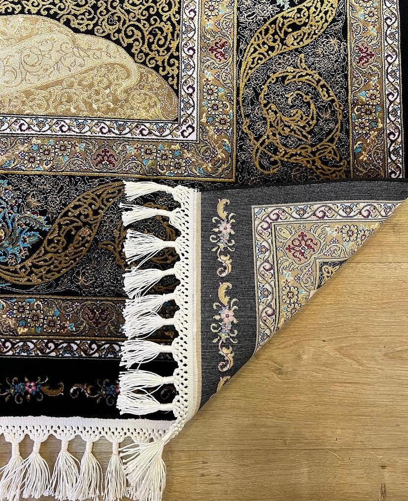Black Gold Modal Silk Rug, Classic Turkish Style, Medallion Pattern